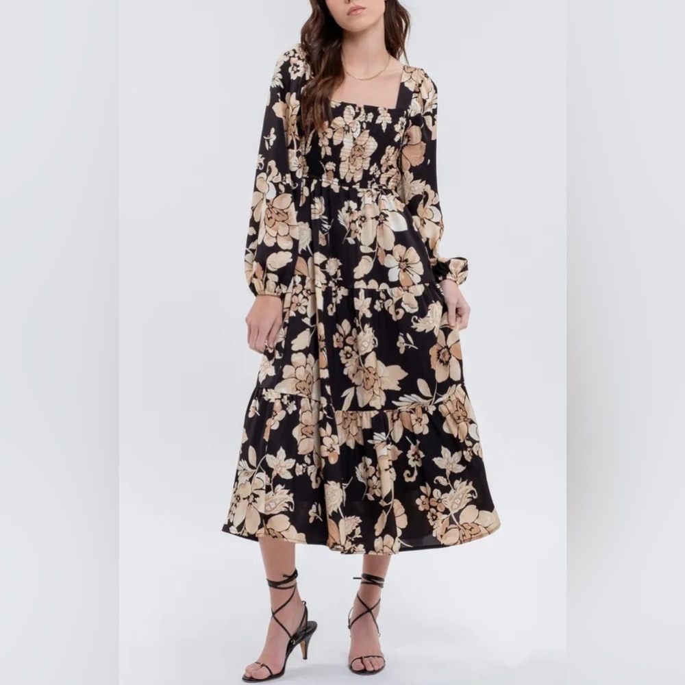 August Sky Floral Long Sleeve Black and Tan Midi Dress